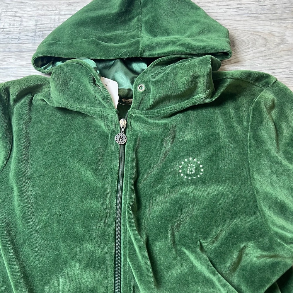 Bongo Velour Hoodie Womens XL Green Zip Up Rhinestone Y2K McBling Jacket - Picture 3 of 10